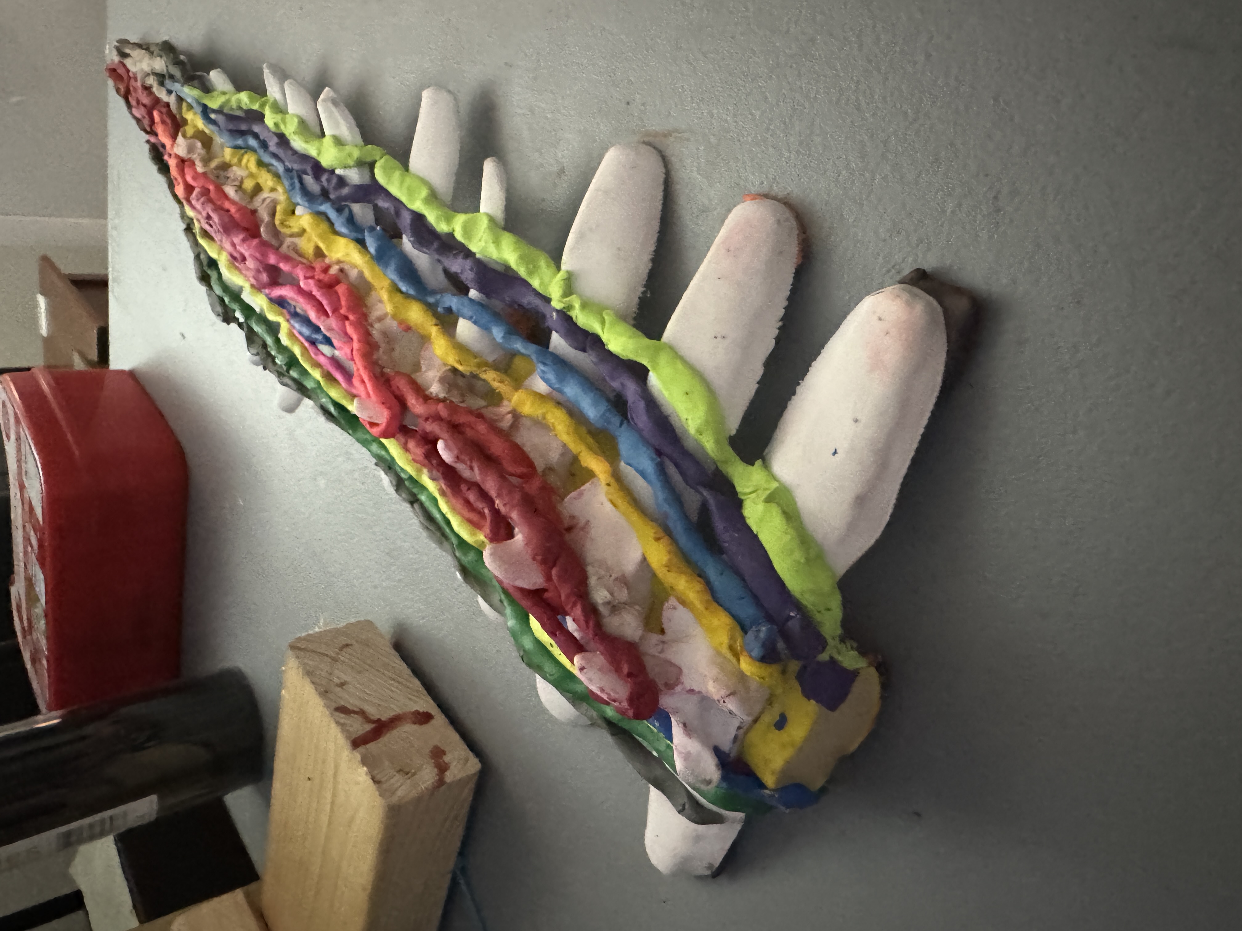Prototype 9 — lateral view of color-coded muscle model mounted on wall